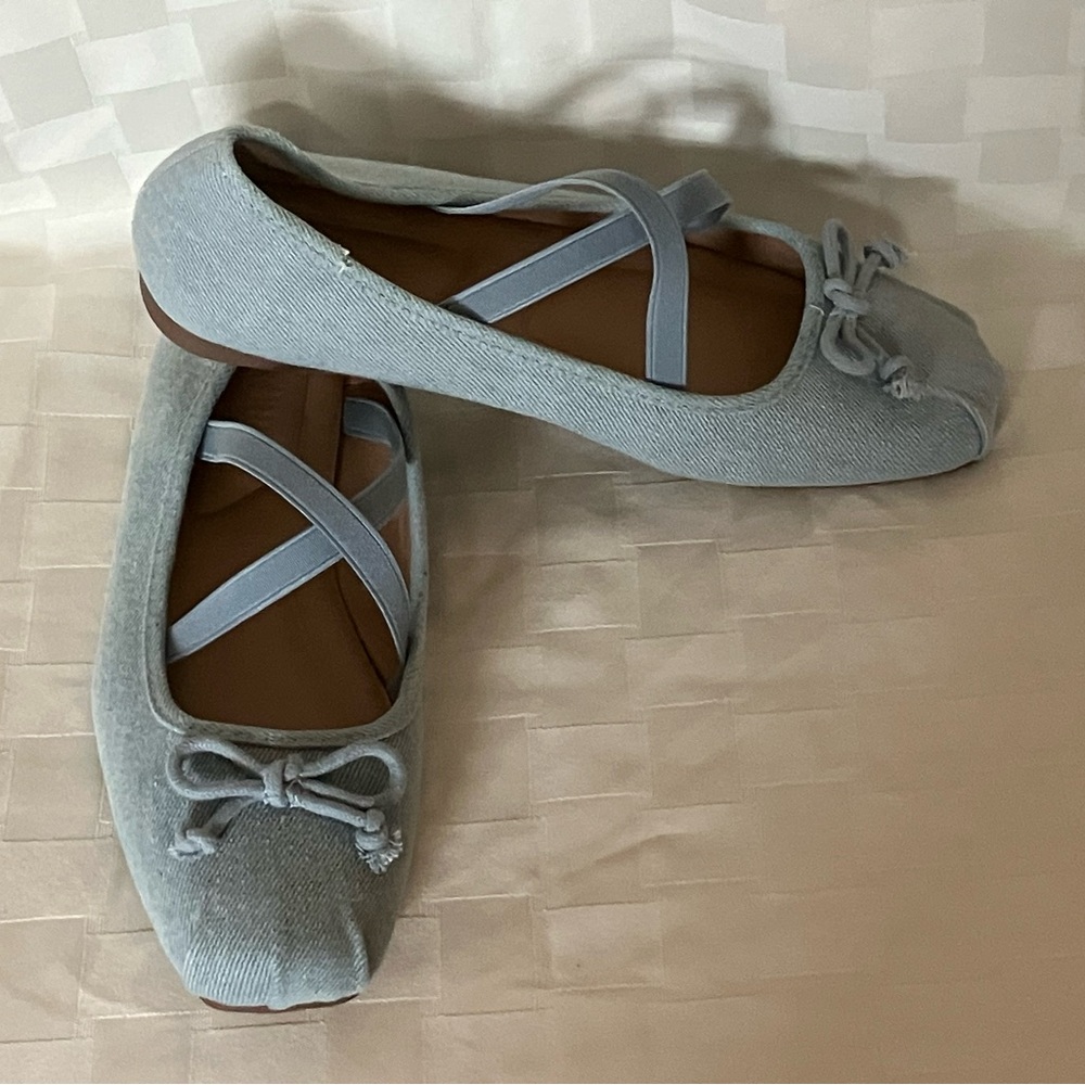 Light blue denim ballet flats with ribbon detail